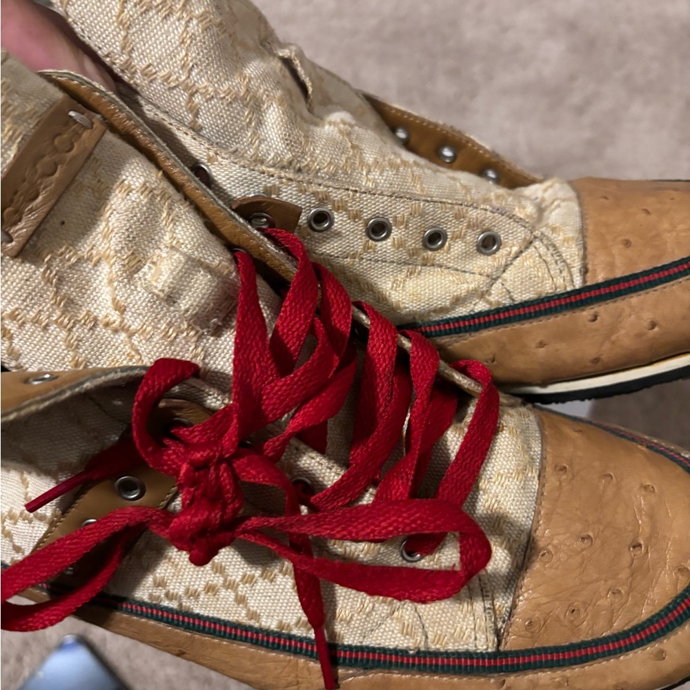 Gucci Beige and Brown Sneakers with Red Accents